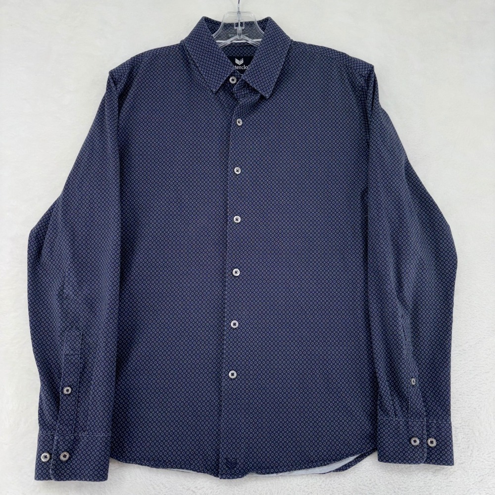 Buttercloth Icy Cotton Mens Medium Regular Fit Navy Geometric Long Sleeve Shirt